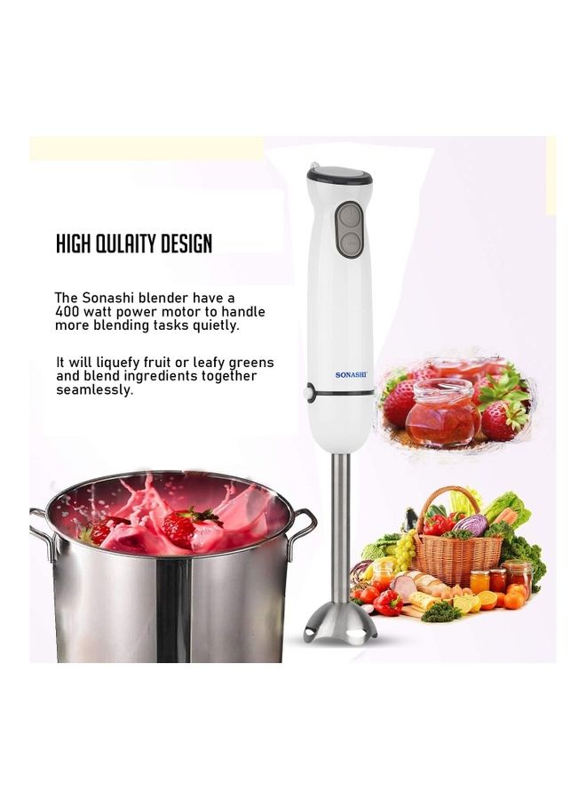 4-in-1 Hand Blender Chopper Whisker Mixer | Durable Stainless Steel Blade & Removable Stick | Comes with 600ml Plastic Jar, 500ml Chopper and Blending Wand | Power Watt 400 SHB-184JCW White