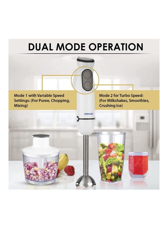 4-in-1 Hand Blender Chopper Whisker Mixer | Durable Stainless Steel Blade & Removable Stick | Comes with 600ml Plastic Jar, 500ml Chopper and Blending Wand | Power Watt 400 SHB-184JCW White