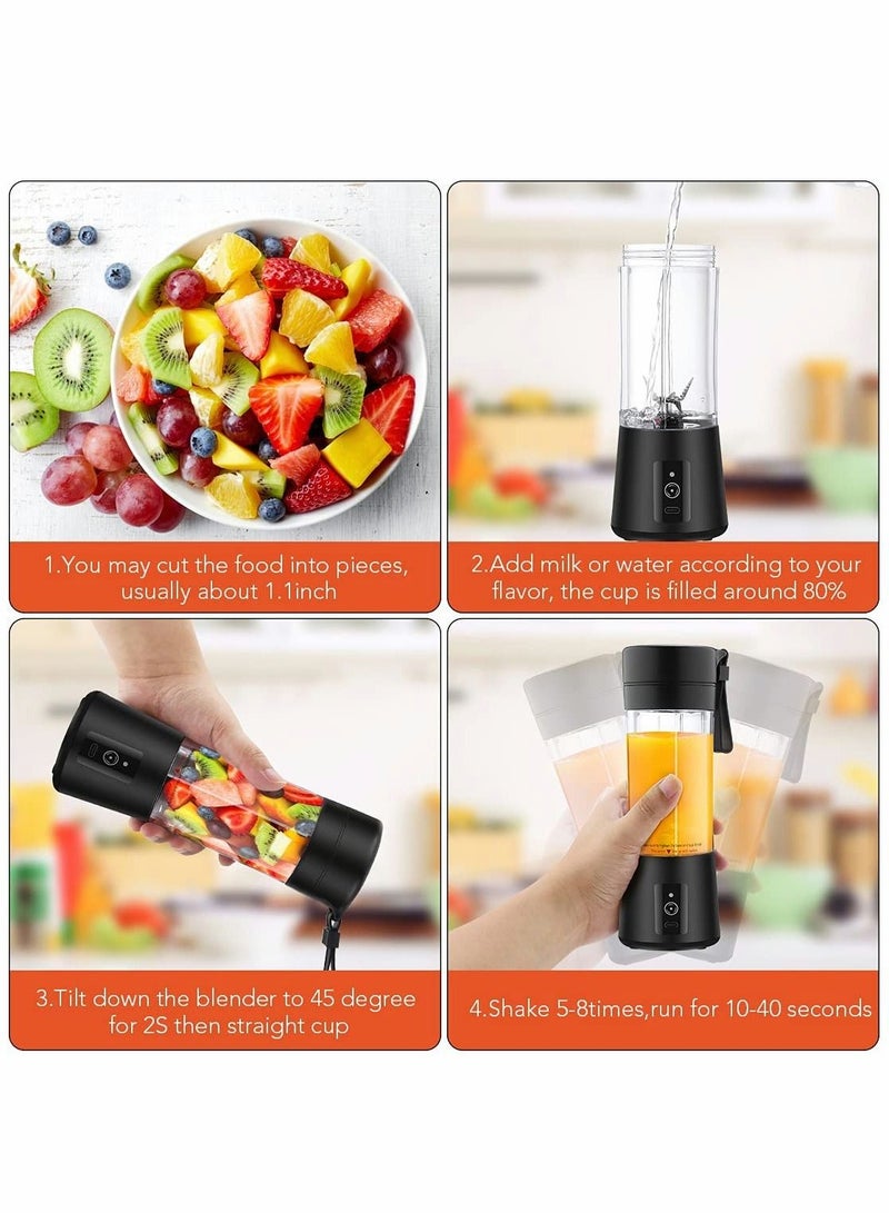 Portable Blender, Travel Blender, Mini Blender, Personal Mixer Fruit Rechargeable with USB, 380ml, Fruit Juice for Great Mixing (Black)