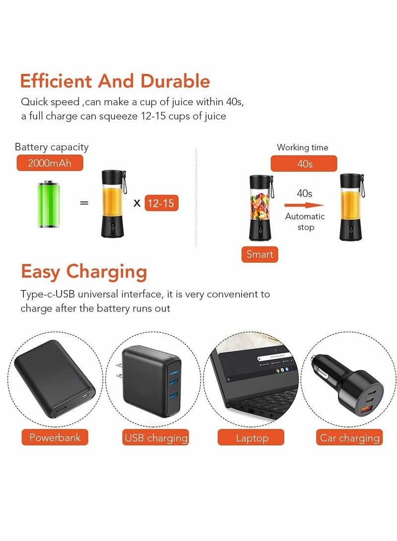 Portable Blender, Travel Blender, Mini Blender, Personal Mixer Fruit Rechargeable with USB, 380ml, Fruit Juice for Great Mixing (Black)