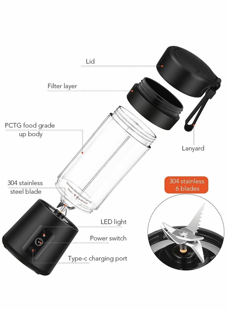 Portable Blender, Travel Blender, Mini Blender, Personal Mixer Fruit Rechargeable with USB, 380ml, Fruit Juice for Great Mixing (Black)