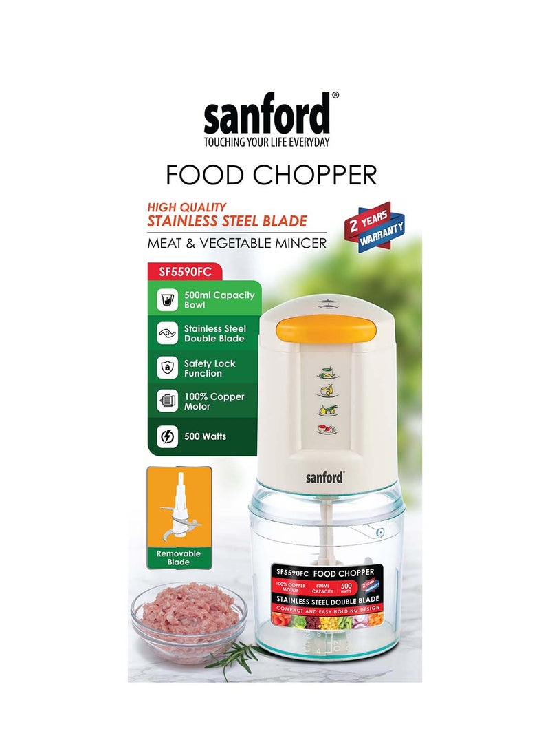 Multi Food Chopper with Meat & Vegetable Mincer,Stainless Steel blades,Mini Food Processor,Quiet Operation, Suitable for Blending & Chopping 500 ml 500 W SF5590FC BS White