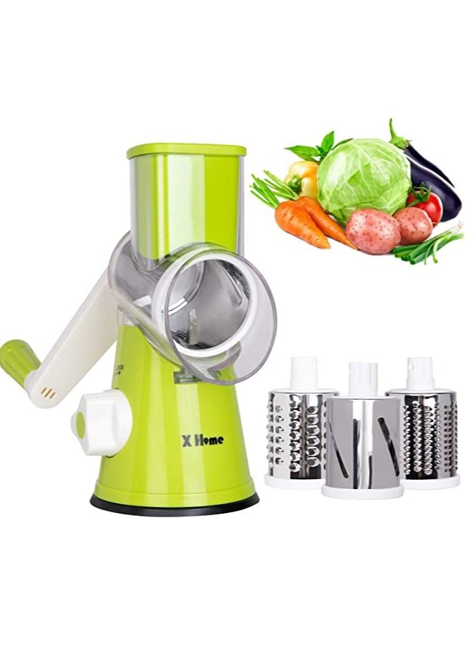 X Home Rotary Cheese Grater Handheld Vegetables Slicer Cheese Shredder With Rubber Suction Base 3 Stainless Drum Blades Included