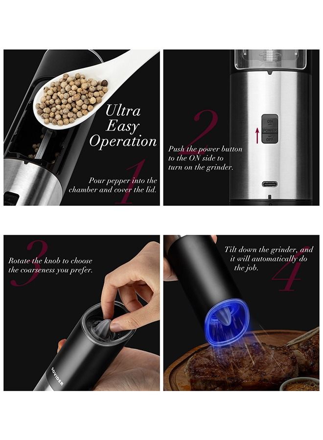 INKBIRD Salt and Pepper Grinder Rechargeable Gravity Electric Automatic Spice Mill with Blue LED Light Capacity 85ml Adjustable Coarseness One-Hand Operation Ideal in the Kitchen