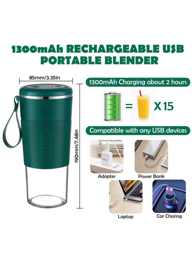 Portable Blender, USB Rechargeable 300ml Four Blades, Smoothie Maker Fruit Shake Personal Mini Juicer Green