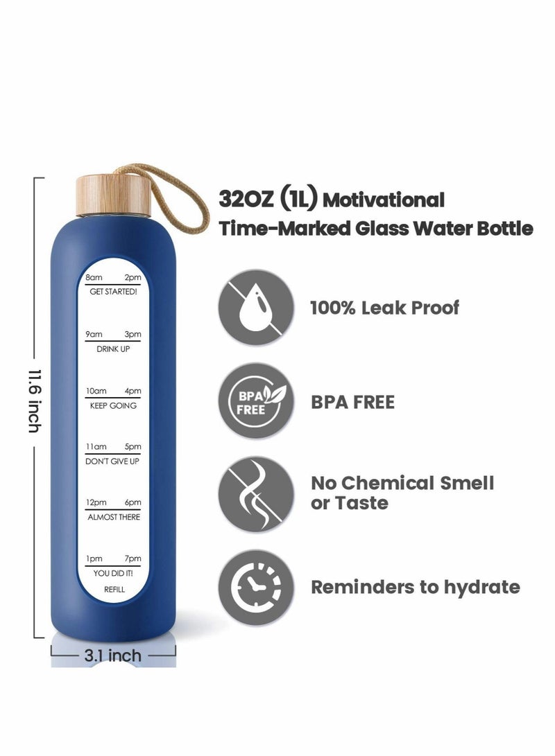 32 Oz Borosilicate Glass Water Bottle with Time Marker Reminder Quotes Leak Proof Reusable BPA Free Motivational Silicone Sleeve and Bamboo Lid