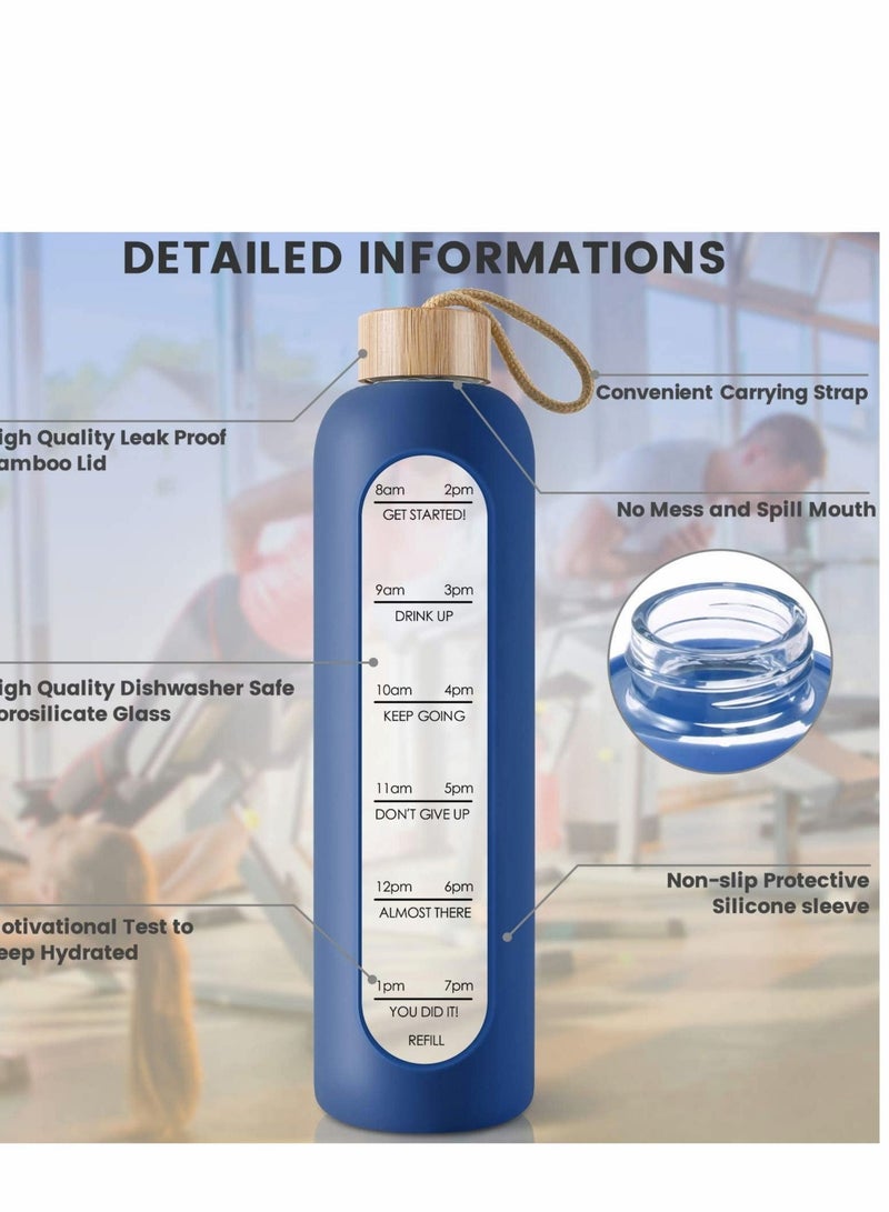 32 Oz Borosilicate Glass Water Bottle with Time Marker Reminder Quotes Leak Proof Reusable BPA Free Motivational Silicone Sleeve and Bamboo Lid