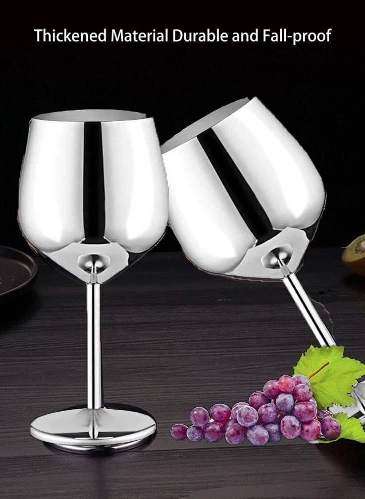 Drank Glass, Stainless Steel Metal Stemmed Drank Glasses Shatter Proof Glasses Unbreakable for Juice Drink Birthday Party Anniversary 2PCS (Silver)