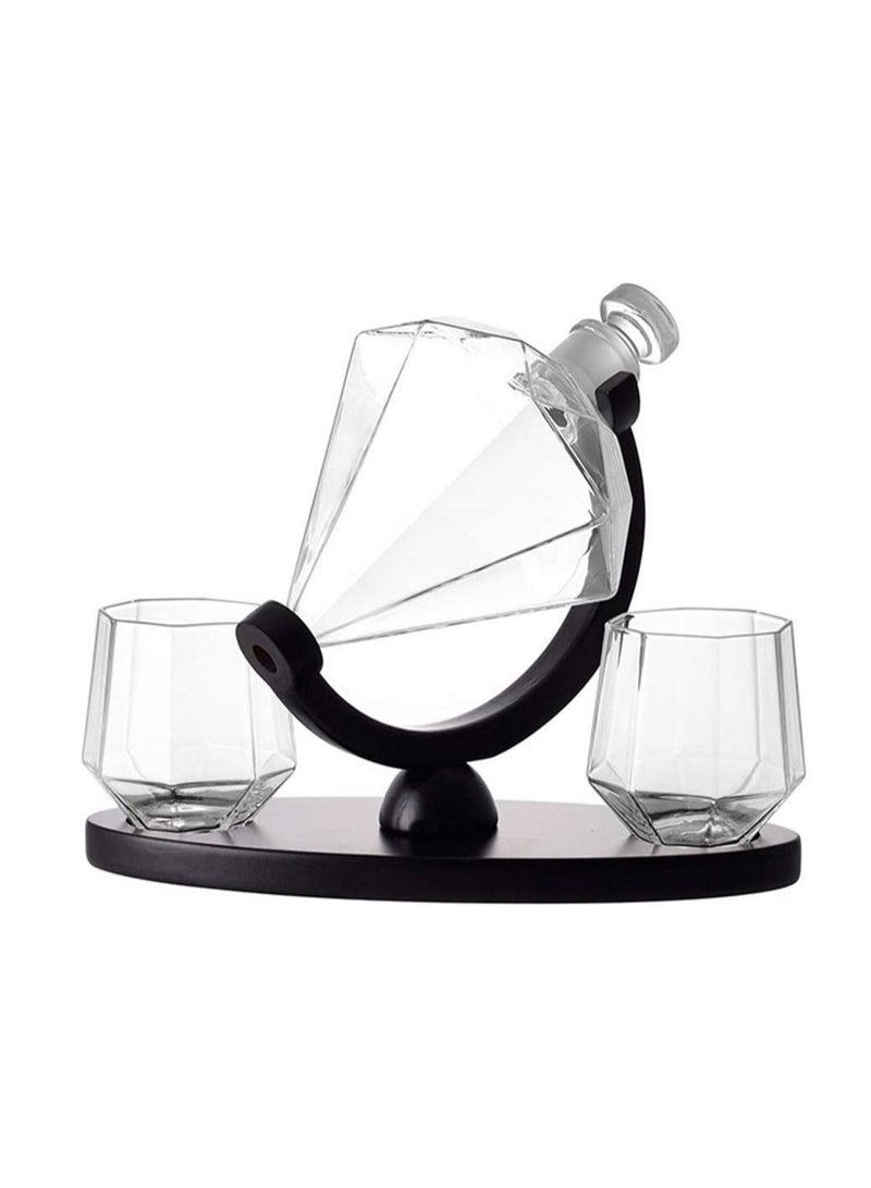 Whiskey Decanter Diamond Shaped With 2 Diamond Glasses & Wooden Holder