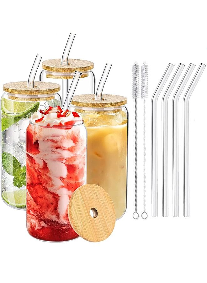 Glasses with Bamboo Lids and Glass Straw 4pcs Set