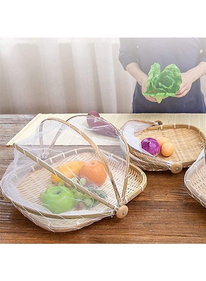 Set of 3 Bamboo Food Serving Trays with Food Mesh Cover