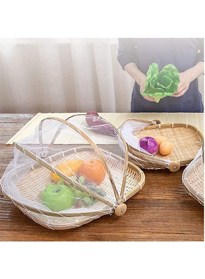 Set of 3 Bamboo Food Serving Trays with Food Mesh Cover