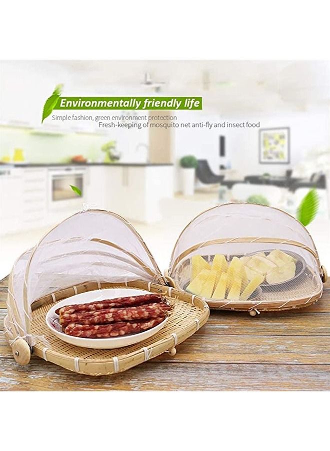 Set of 3 Bamboo Food Serving Trays with Food Mesh Cover