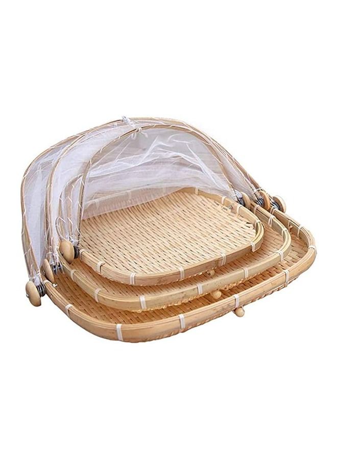 Set of 3 Bamboo Food Serving Trays with Food Mesh Cover