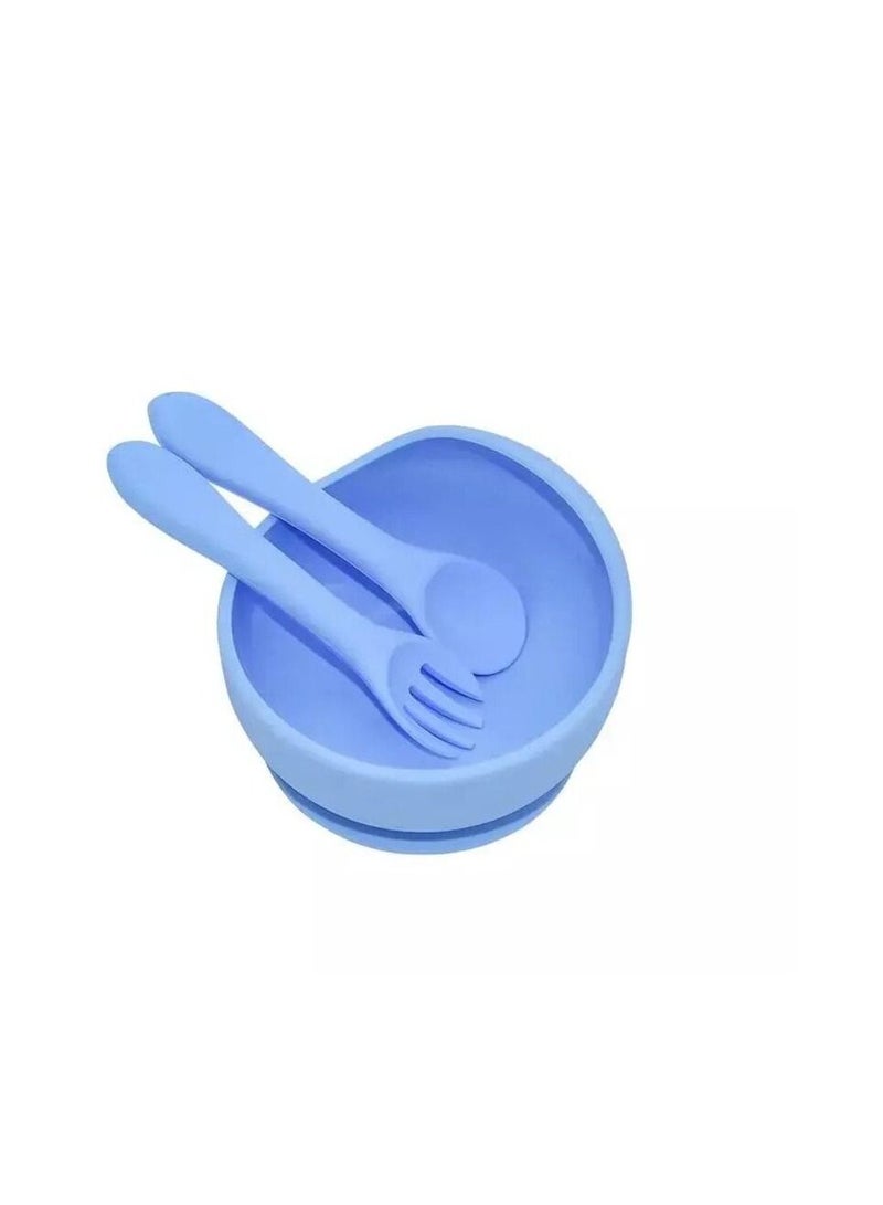 Little Mocha Silicone Baby Moon Suction Bowl with spoon and fork Light Blue