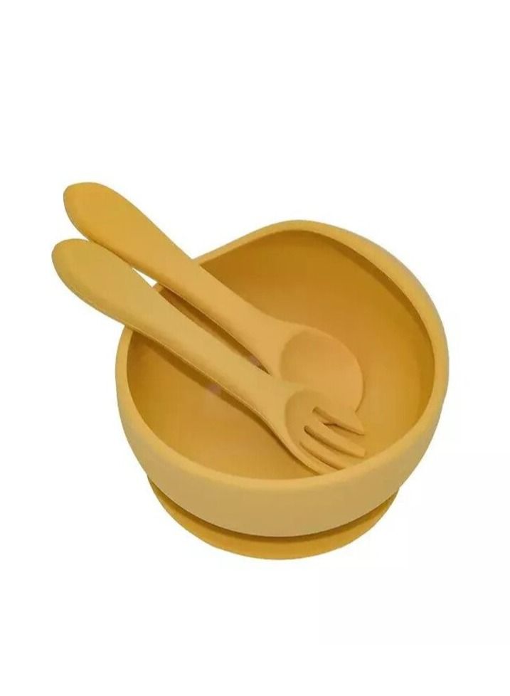Little Mocha Silicone Baby Moon Suction Bowl with spoon and fork Yellow
