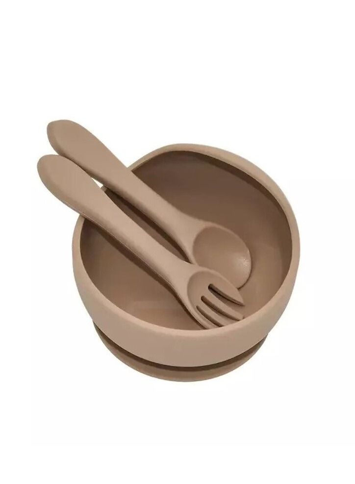 Little Mocha Silicone Baby Moon Suction Bowl with spoon and fork Khaki