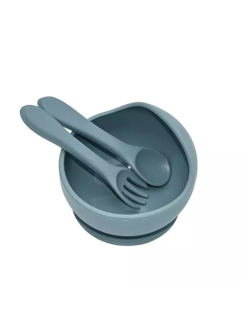 Little Mocha Silicone Baby Moon Suction Bowl with spoon and Fork Bluish Grey