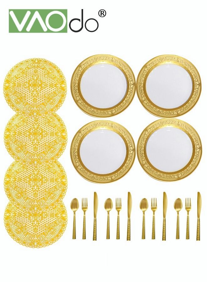 20PCS Porcelain Dinner Set  Including Dinner Plates Knife Fork Spoon Insulated Placemat  Dinnerware Set Dishwasher Safe  Service for 4 Gold