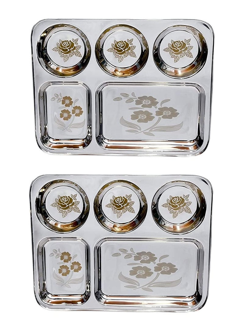 Stainless Steel Lunch Dinner Plate Bhojan Thali 5 In 1 Compartments With Mirror Finish Floral Laser Design In All compartments Set Of 2