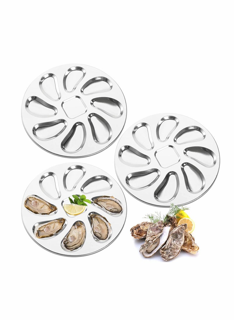 Oyster Plate, Stainless Steel Oyster Plate, 3Pcs Grill Pan Serving Trays, 8 Slots Oyster Grill Pan, Oyster Shell Shaped Tray for Oysters, Sauce and Lemons, for Home Restaurant (9.8 Inch)