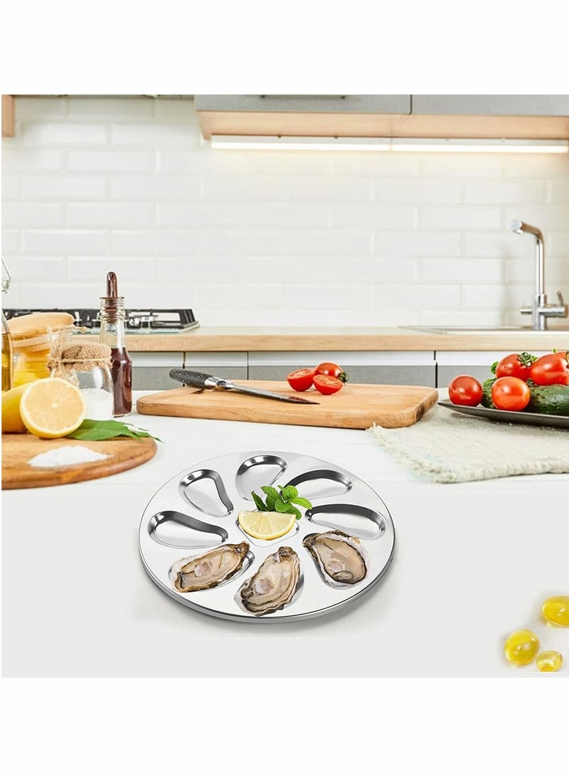 Oyster Plate, Stainless Steel Oyster Plate, 3Pcs Grill Pan Serving Trays, 8 Slots Oyster Grill Pan, Oyster Shell Shaped Tray for Oysters, Sauce and Lemons, for Home Restaurant (9.8 Inch)