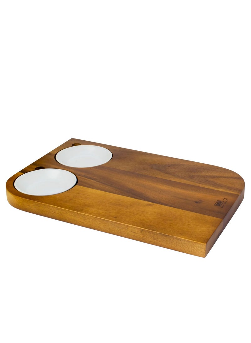 Wooden Brown Serving Board with 2 pcs White Ceramic Dip Bowl
