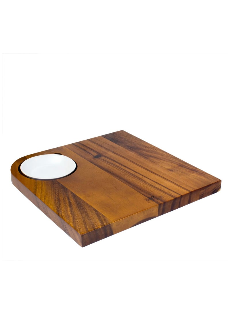 Wooden Brown Serving Board with 1 Ceramic White Dip Bowl