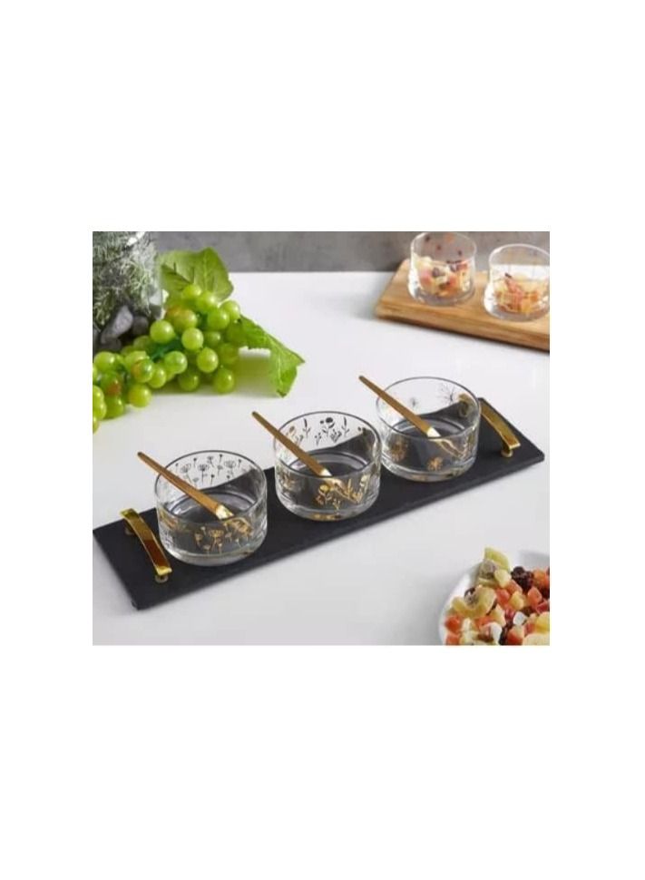 Glass Bowls with Forks and Wooden Tray Set Glass Snack Plate Dessert Separated Platter Divided Dried Fruit Bowl Container