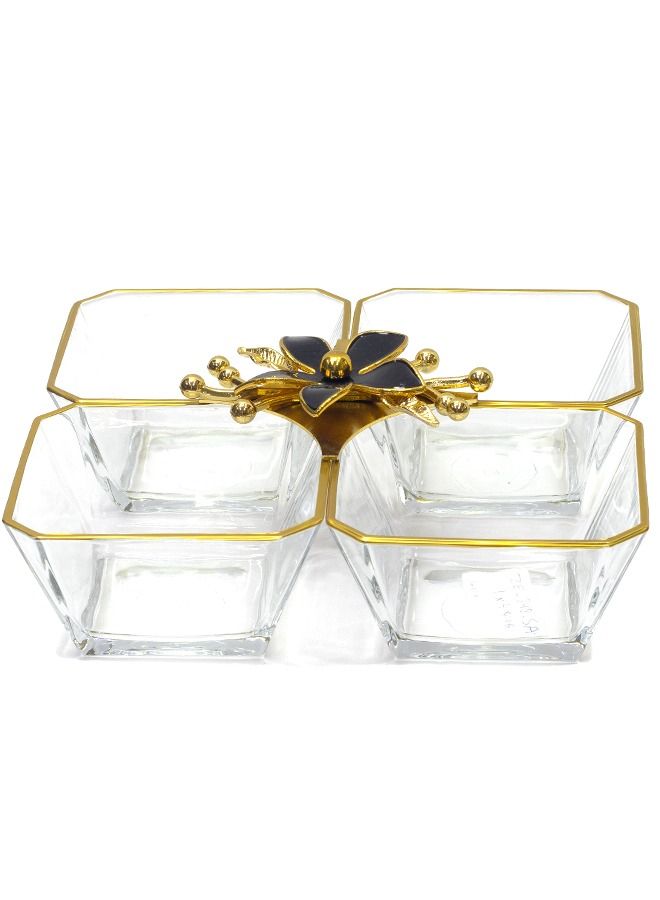 1-piece glass candy bowl 4 section, gold/black/clear,  21X21CM