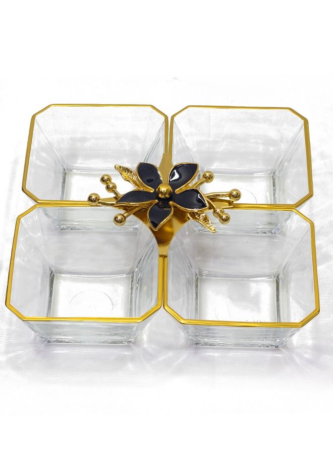 1-piece glass candy bowl 4 section, gold/black/clear,  21X21CM