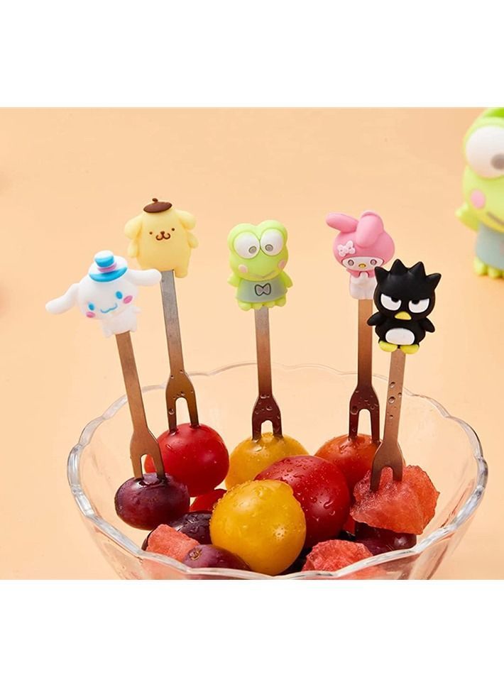 Fruit Fork Salad Fork, Stainless Steel Kids Food Holder Reusable Decorative Cute 5 Cartoon Forks and 1 Big Eyed Frog Slicone