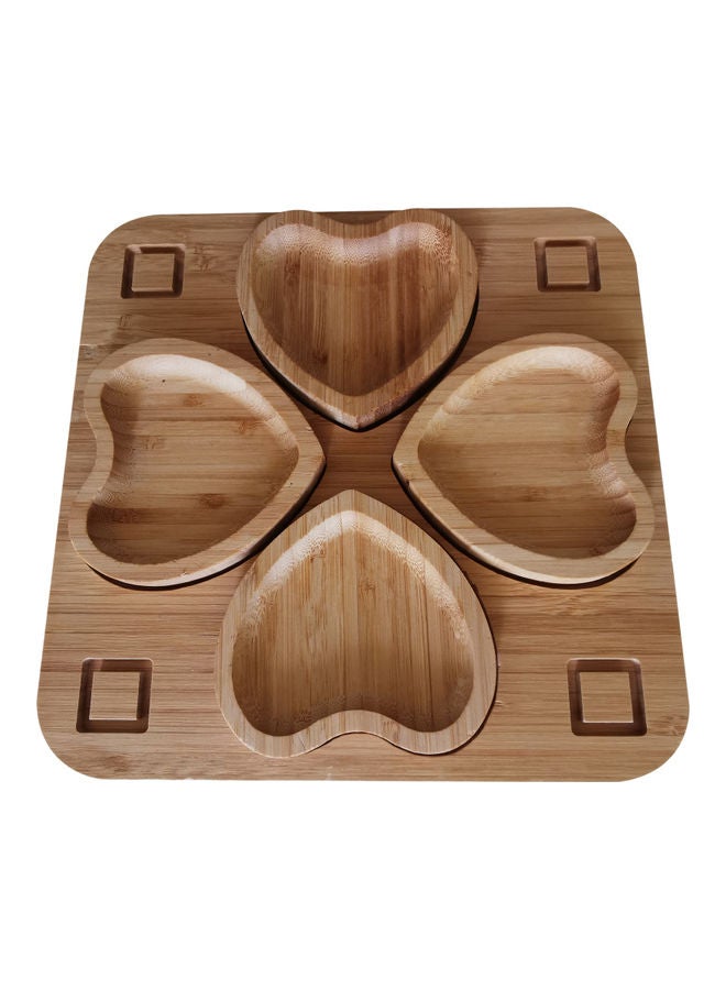 4-Heart Shaped Bamboo Food Serving Platter Brown 24cm