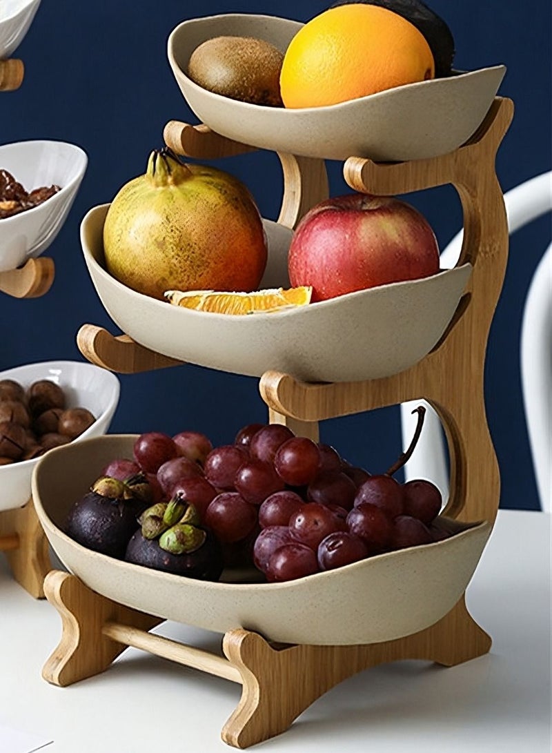 Elegant 3-Layer Ceramic Serving Bowl Fruit Tray Matte Finish With Bamboo Wood Rack Stand Buffet Set Party Plate Dried Fruit Nuts Cake Snacks Candy Biscuit Appetizer Plate - Beige