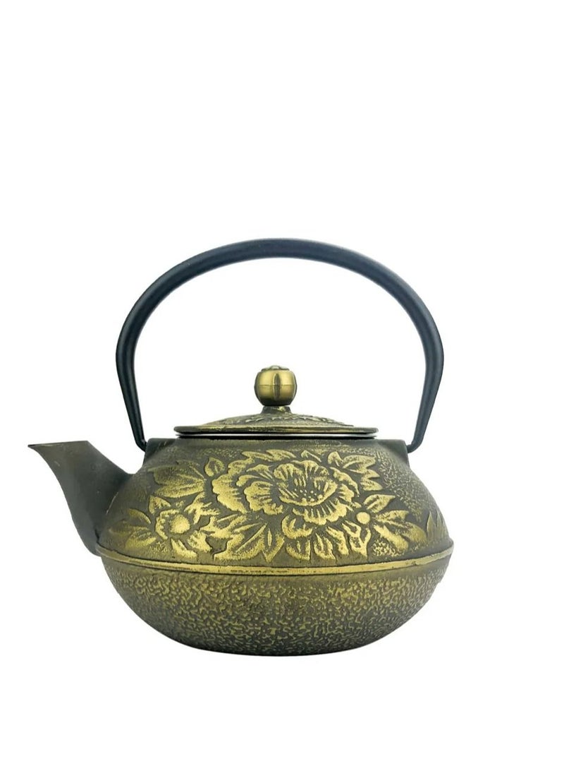 Durable Coated with Enamel Interior Cast Iron Teapot Flower Gold with Stainless Steel Infuser for Brewing Loose Tea Leaf t 0.8 Liter Gold