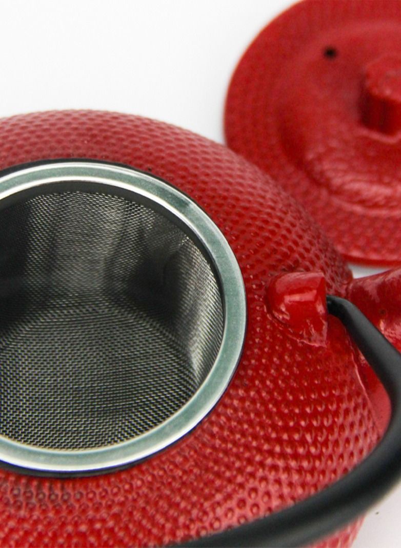 Durable Coated with Enamel Interior Cast Iron Teapot with Stainless Steel Infuser for Brewing Loose Tea Leaf  0.6 Liter Red