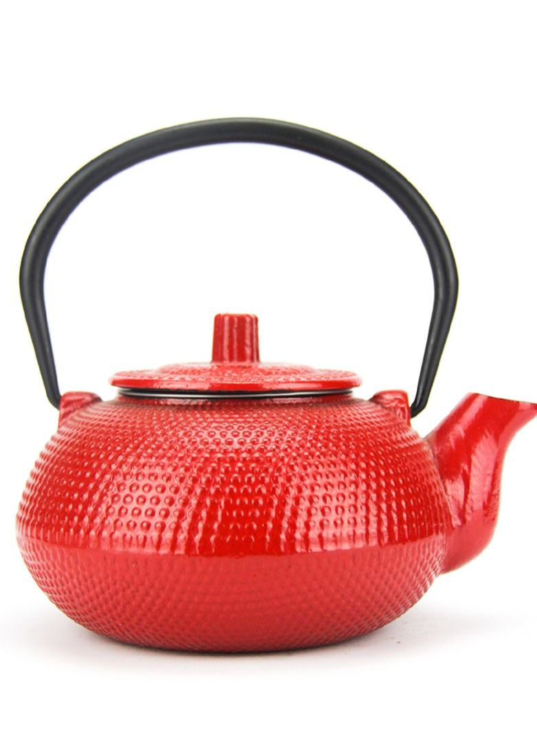 Durable Coated with Enamel Interior Cast Iron Teapot with Stainless Steel Infuser for Brewing Loose Tea Leaf  0.6 Liter Red