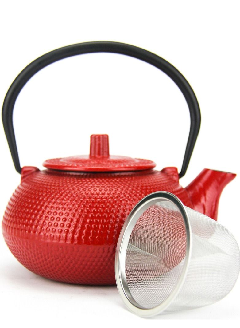 Durable Coated with Enamel Interior Cast Iron Teapot with Stainless Steel Infuser for Brewing Loose Tea Leaf  0.6 Liter Red