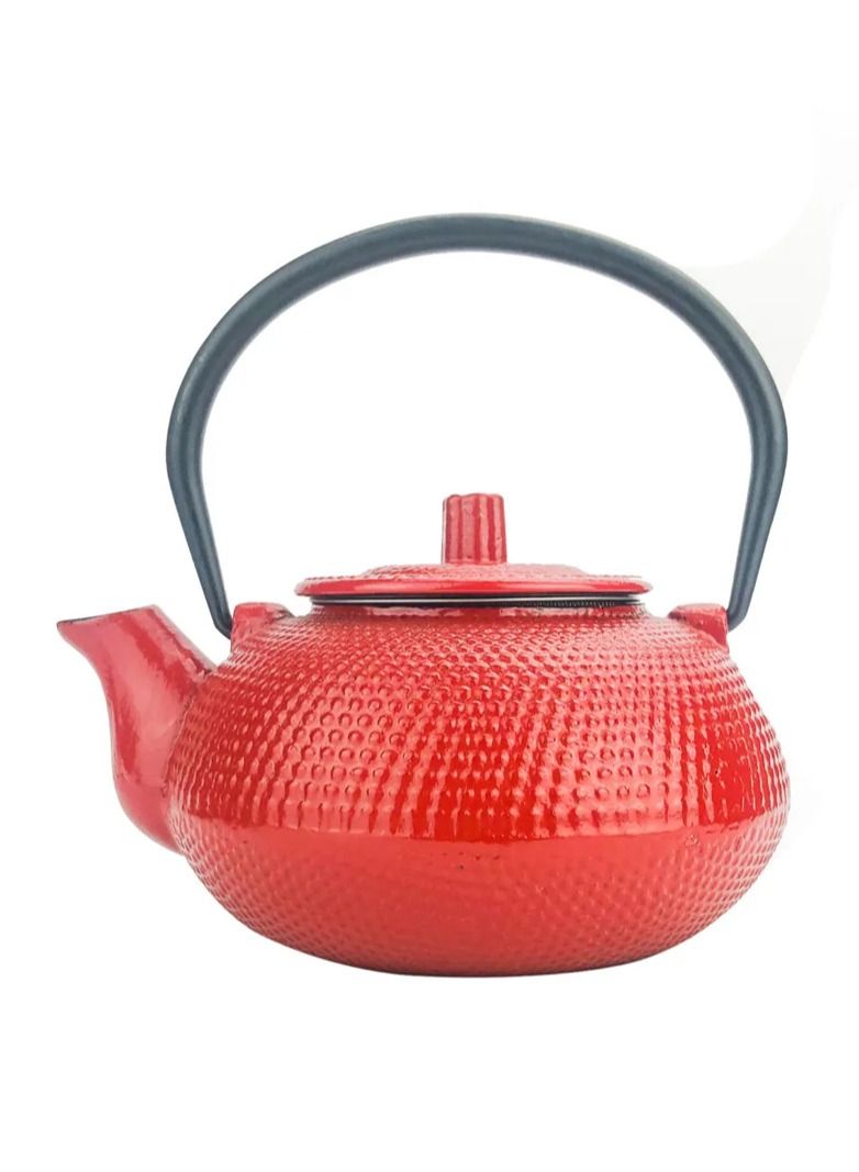 Durable Coated with Enamel Interior Cast Iron Teapot with Stainless Steel Infuser for Brewing Loose Tea Leaf  0.6 Liter Red