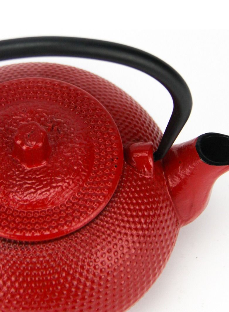 Durable Coated with Enamel Interior Cast Iron Teapot with Stainless Steel Infuser for Brewing Loose Tea Leaf  0.6 Liter Red