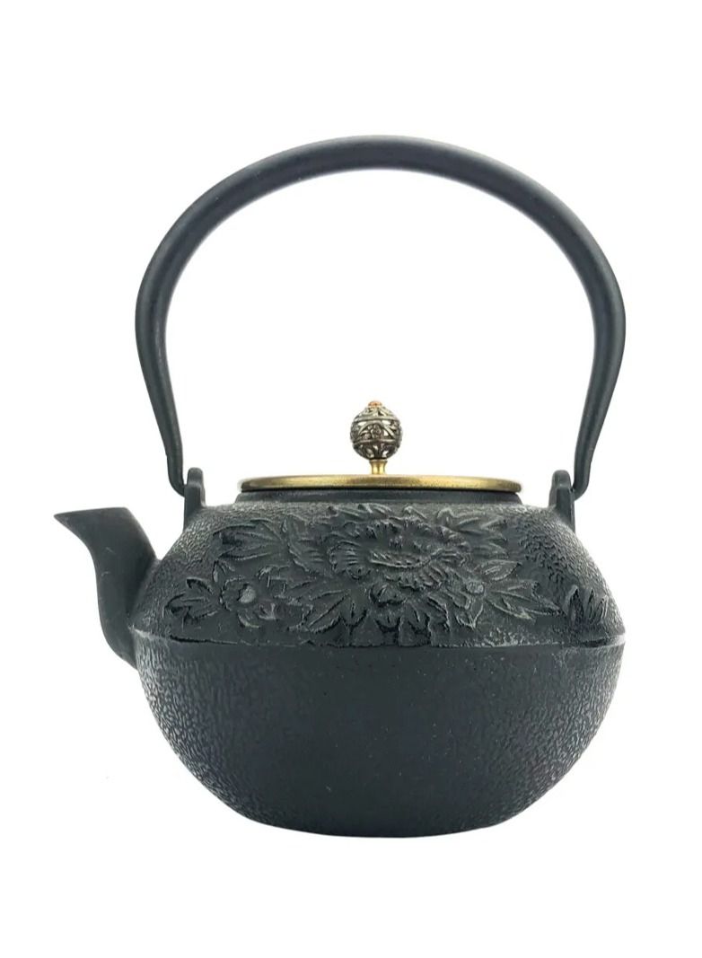 Durable Coated with Enamel Interior Cast Iron Teapot Flower  with Stainless Steel Infuser for Brewing Loose Tea Leaf (Black & Gold)  1.2 Liters