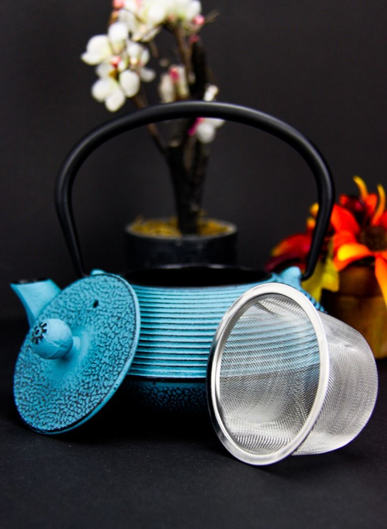 Durable Coated with Enamel Interior Cast Iron Tea Kettle With Lid And Loose Leaf Tea Infuser (Blue) 0.6 Liter