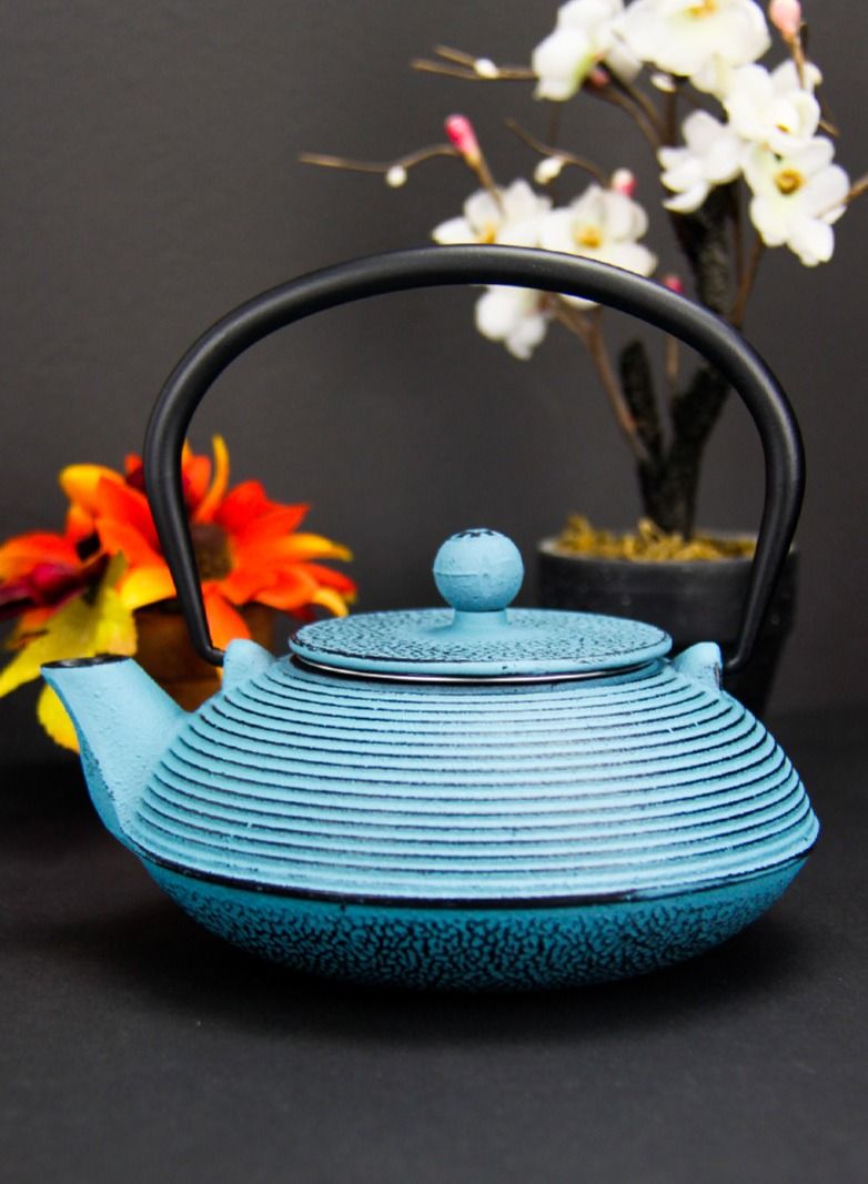 Durable Coated with Enamel Interior Cast Iron Tea Kettle With Lid And Loose Leaf Tea Infuser (Blue) 0.6 Liter