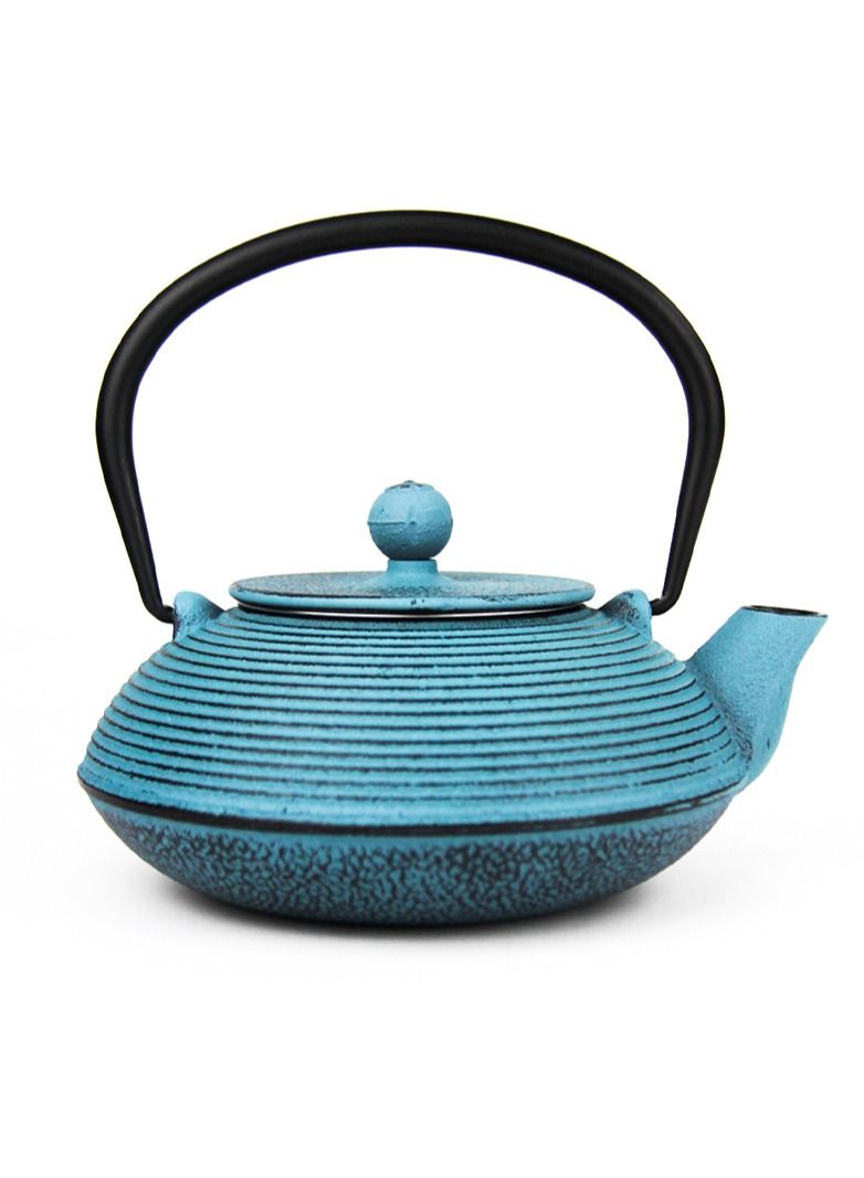 Durable Coated with Enamel Interior Cast Iron Tea Kettle With Lid And Loose Leaf Tea Infuser (Blue) 0.6 Liter