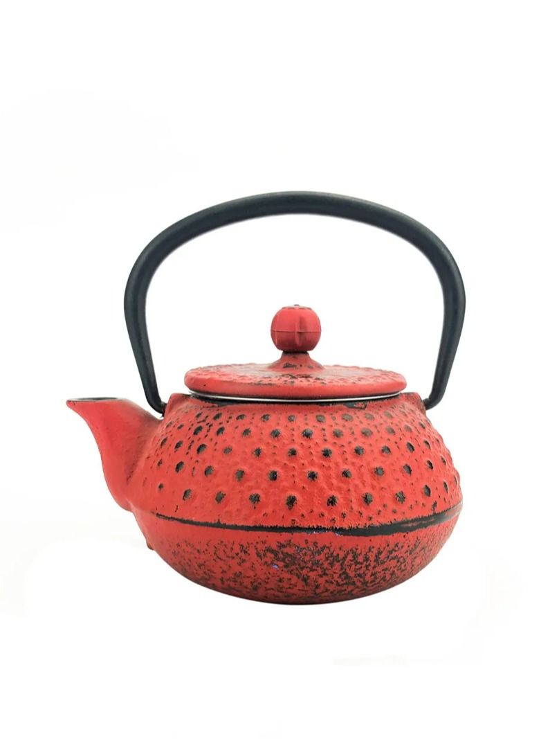 Durable Coated with Enamel Interior Cast Iron Teapot with Stainless Steel Infuser for Brewing Loose Tea Leaf  0.3 Liter Red