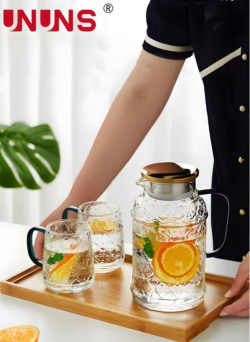 Teapot Pot Set Clear,3-Piece Vintage Carvings Glass Teapot,1 Teapot And 2 Cups,1.5L Water Carafe Jug With Lids For Iced Tea Lemonade Coffee Milk Juice