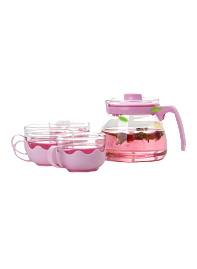5-Piece Teapot Set Pink/Clear Teapot 10x16x13.5 cm, Cups 7.6x5.4cm