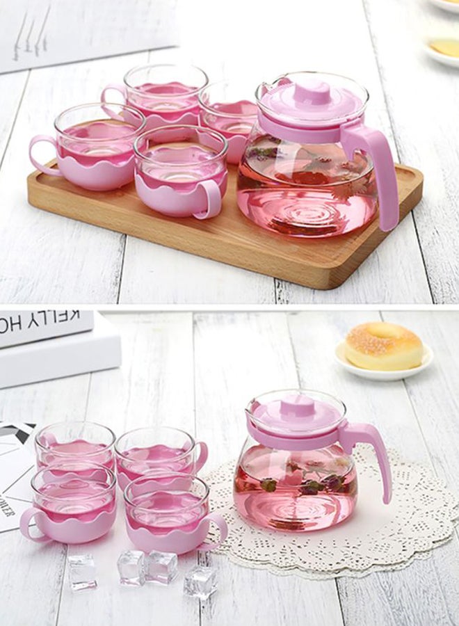 5-Piece Teapot Set Pink/Clear Teapot 10x16x13.5 cm, Cups 7.6x5.4cm