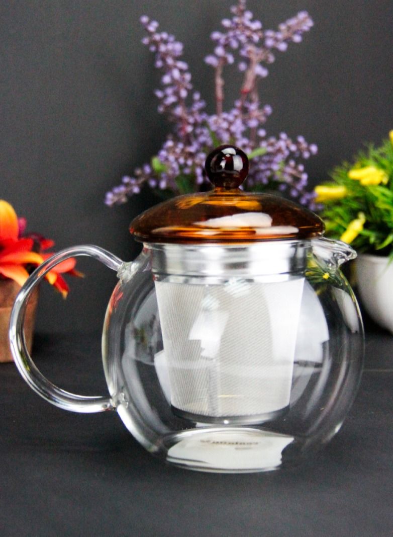 Borosilicate Heat Resistant Glass Teapot Round with Brown Lid and Removable Stainless Steel Infuser for Loose Tea and Tea Maker (0.75L)