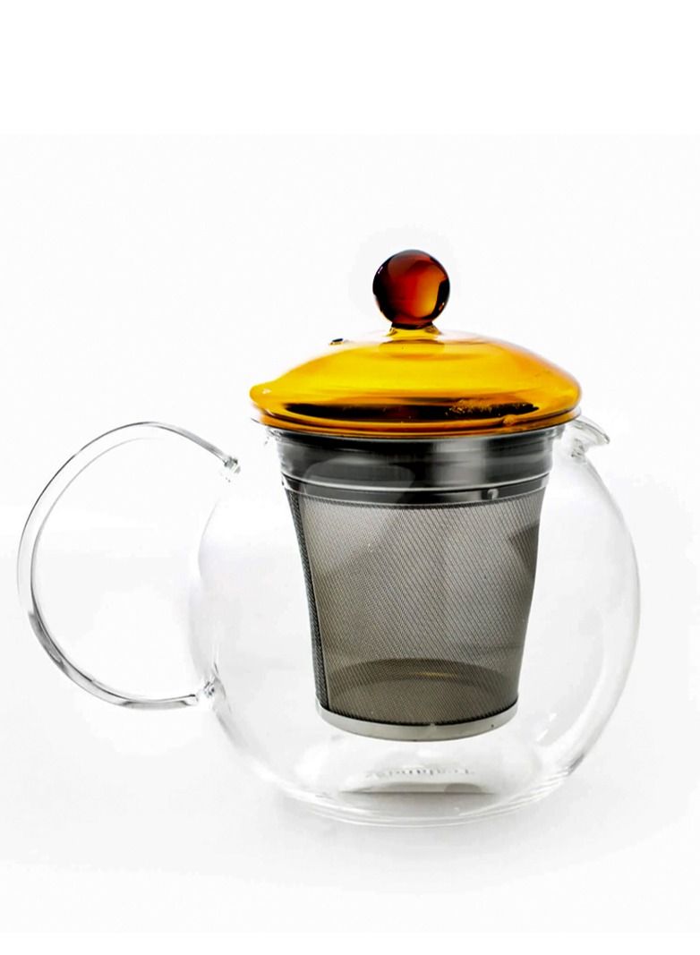 Borosilicate Heat Resistant Glass Teapot Round with Brown Lid and Removable Stainless Steel Infuser for Loose Tea and Tea Maker (0.75L)